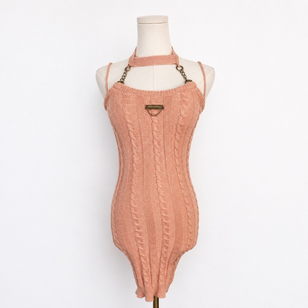 Loft Generale Y2K Pink Cable Knit Bodycon Mini Dress Chain Halter Cybercore Rare
